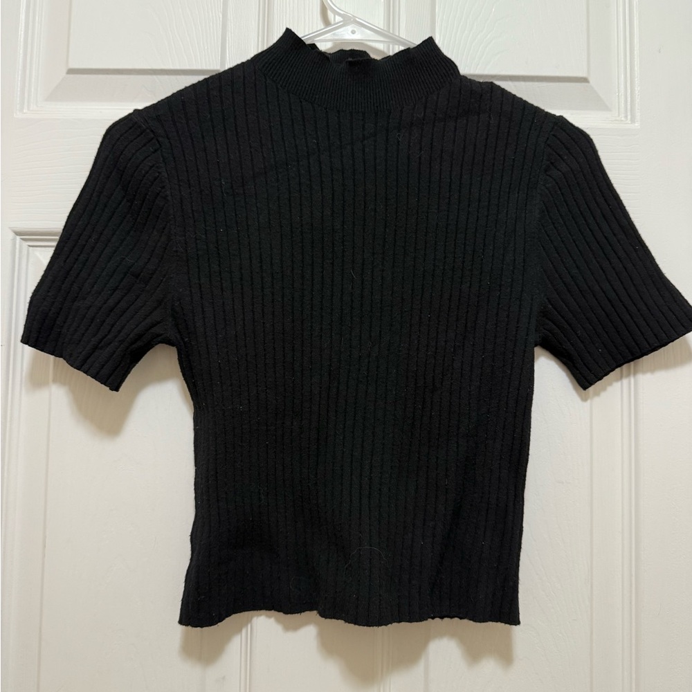 A New Day Black Ribbed Fitted Mock Neck Crop Sweater